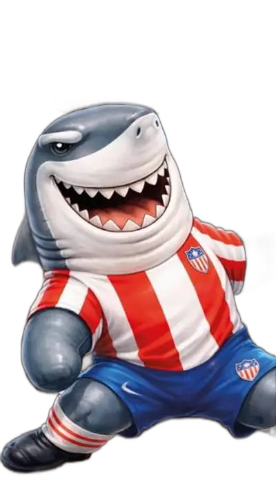 Mascota tiburón con camiseta rojiblanca